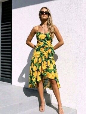 Vintage 90s Yellow Floral Dress Set Size 8 Taffeta Ruffle Bolero Resort Vacation